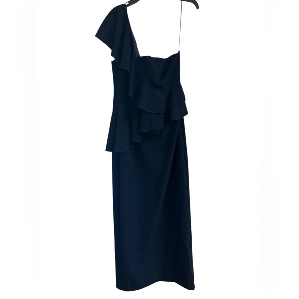 TRINA TURK Indigo Navy Blue One-Shoulder Waterfall Ruffle 12 Gown Special Event - Picture 3 of 13